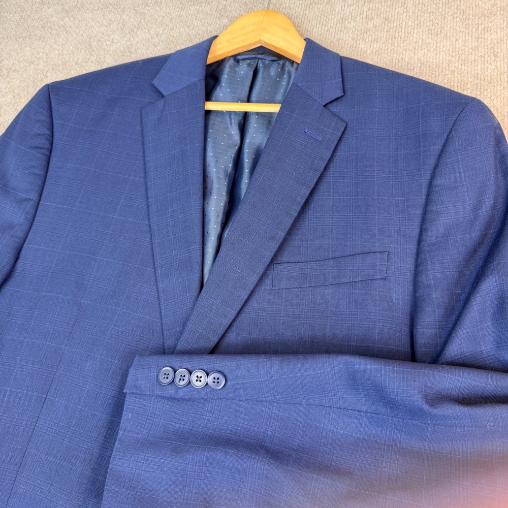 Michael Strahan Collection Mens Blue Plaid Wool Blend Suit‎ Jacket Blazer 46L